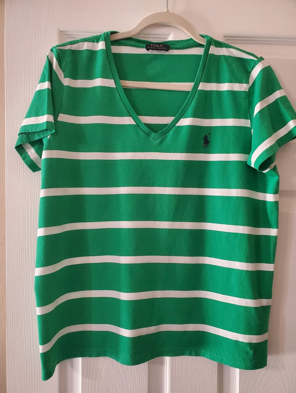 Polo By Ralph Lauren Green and White Striped V‑Neck Tee Size Large